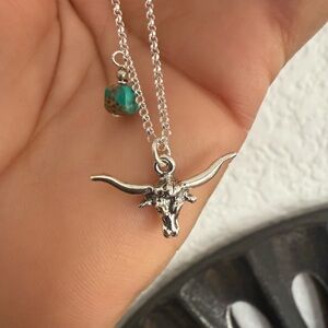 Silver 925 Longhorn Pendant Necklace with Turquoise Charm